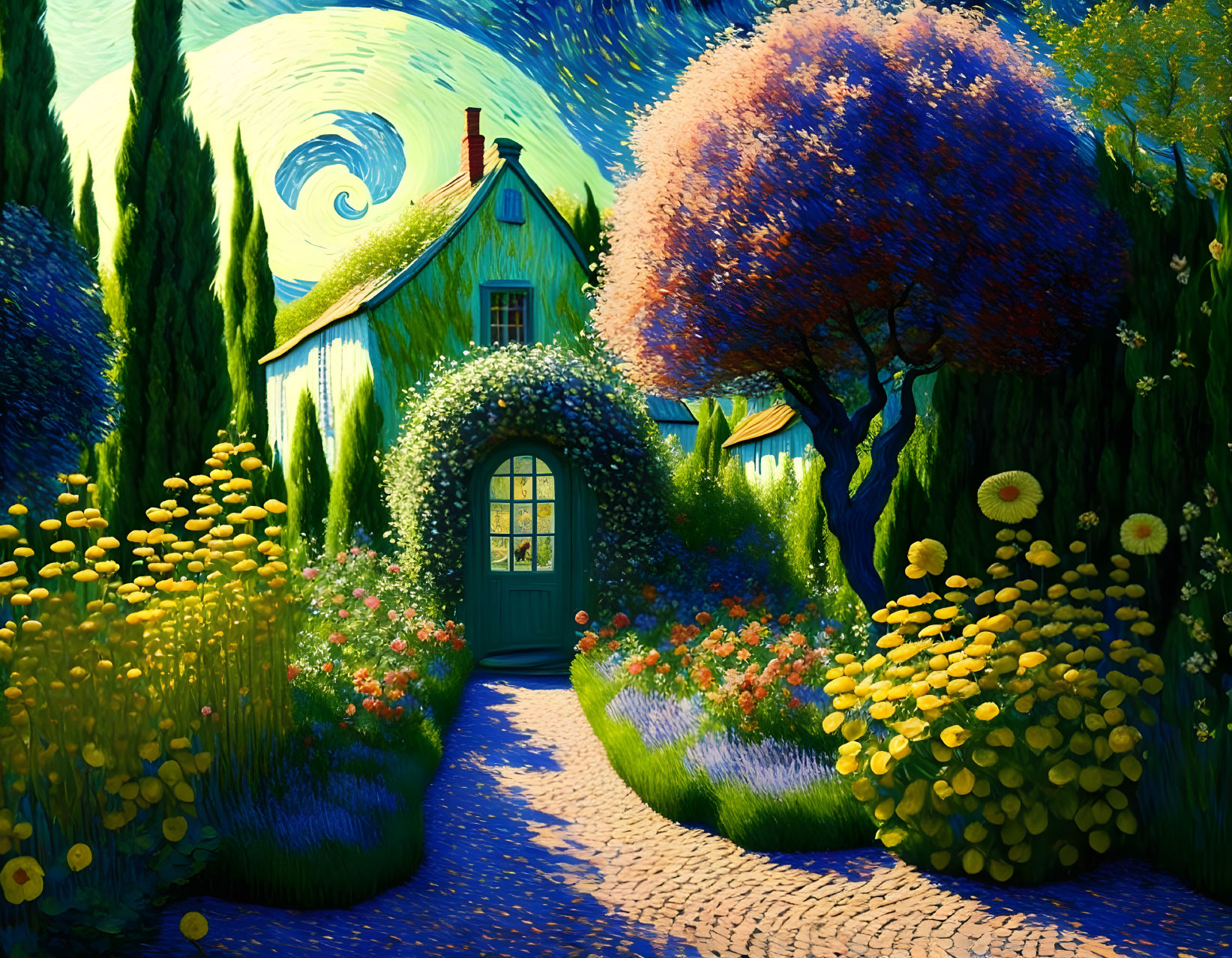 Colorful Van Gogh-style illustration of a cozy thatched-roof house in lush gardens with swirling