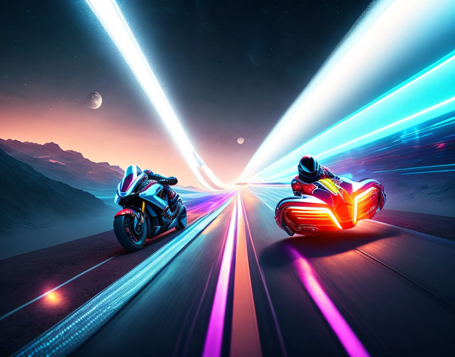 Futuristic racers on glowing light-tracks under twilight sky