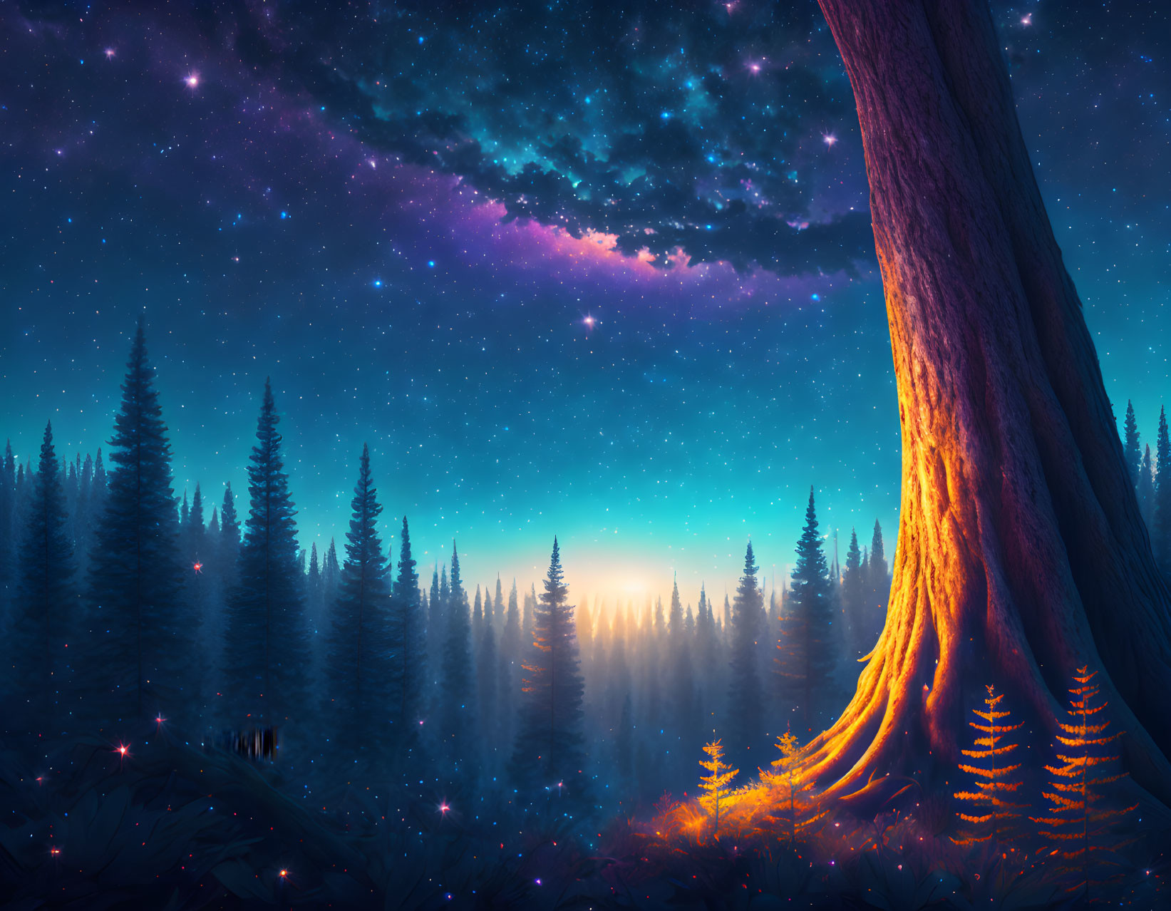 Starry night sky over mystical forest at sunrise or sunset