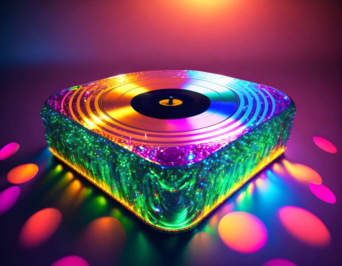 Colorful Glowing Vinyl Record on Reflective Prism Surface