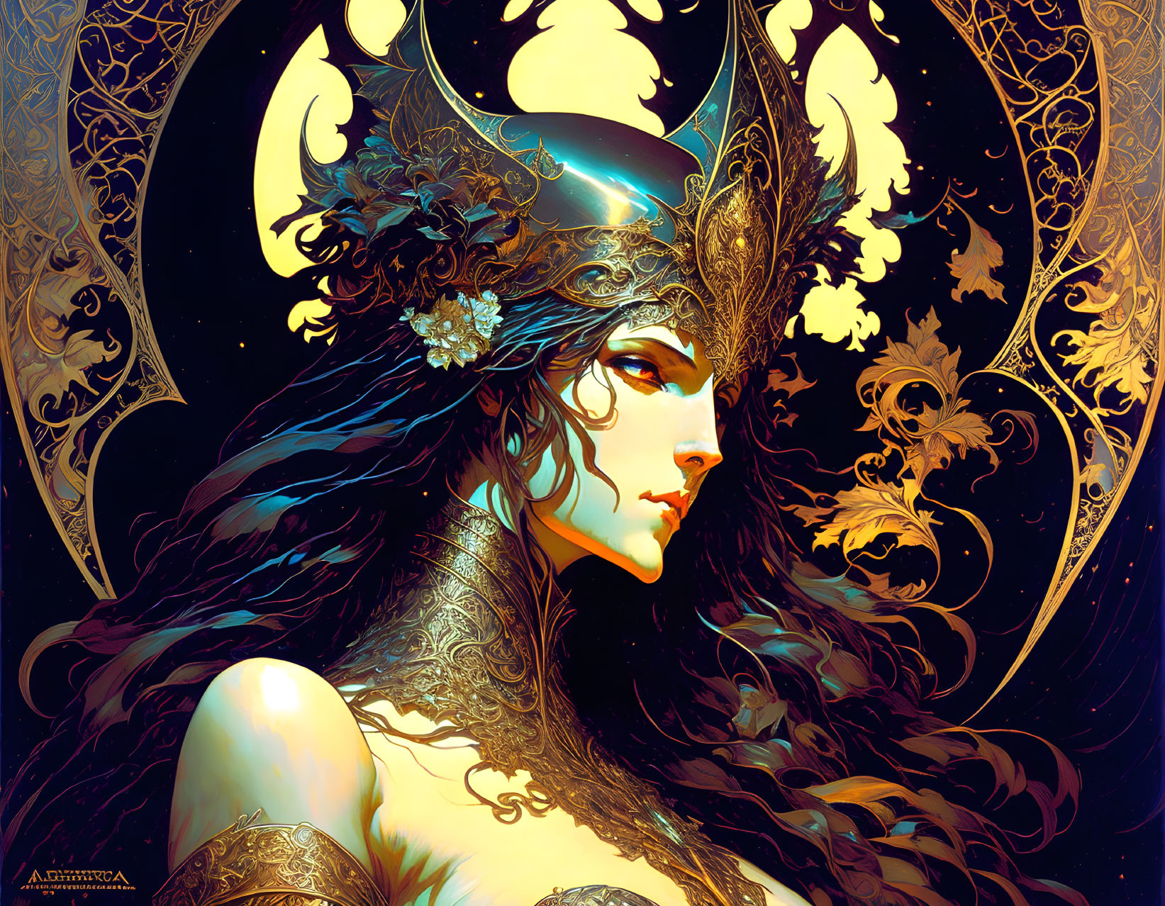 Fantasy female figure in golden armor and celestial motifs on dark background