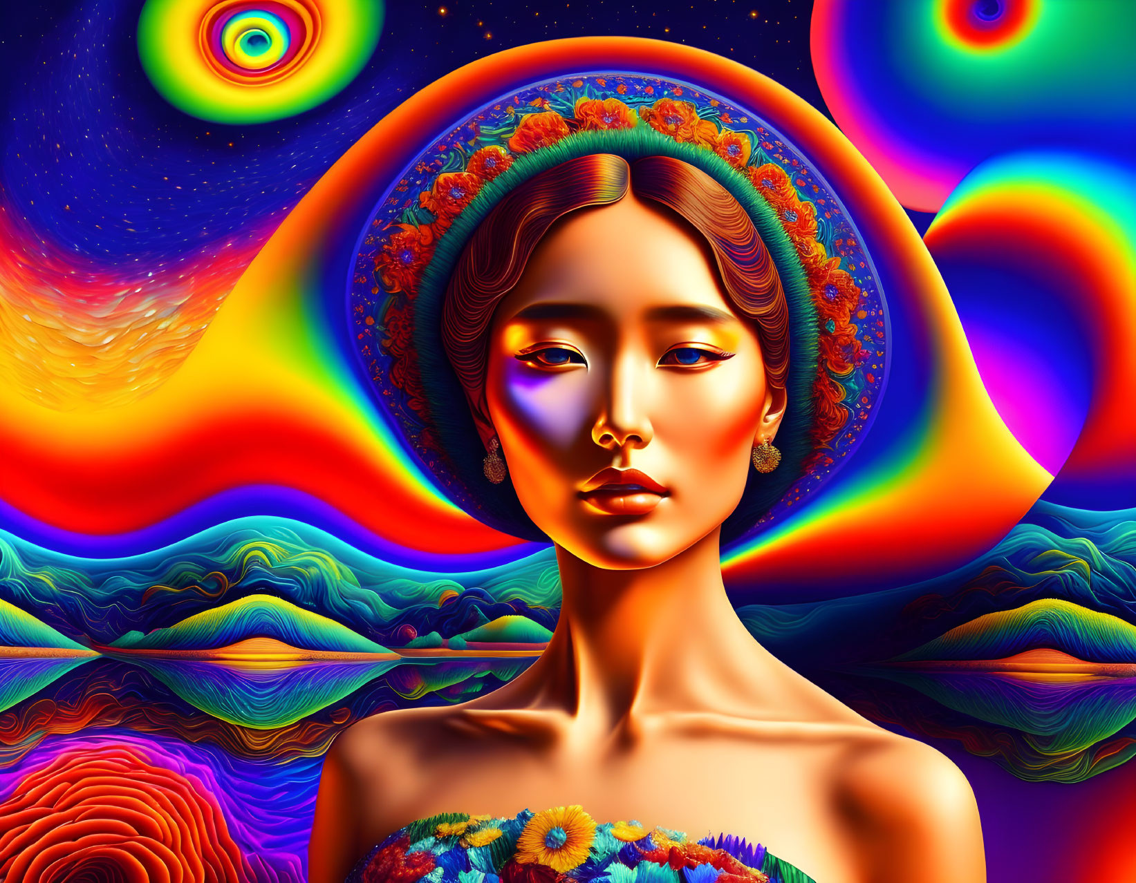 Colorful digital portrait of a woman with psychedelic background & floral halo