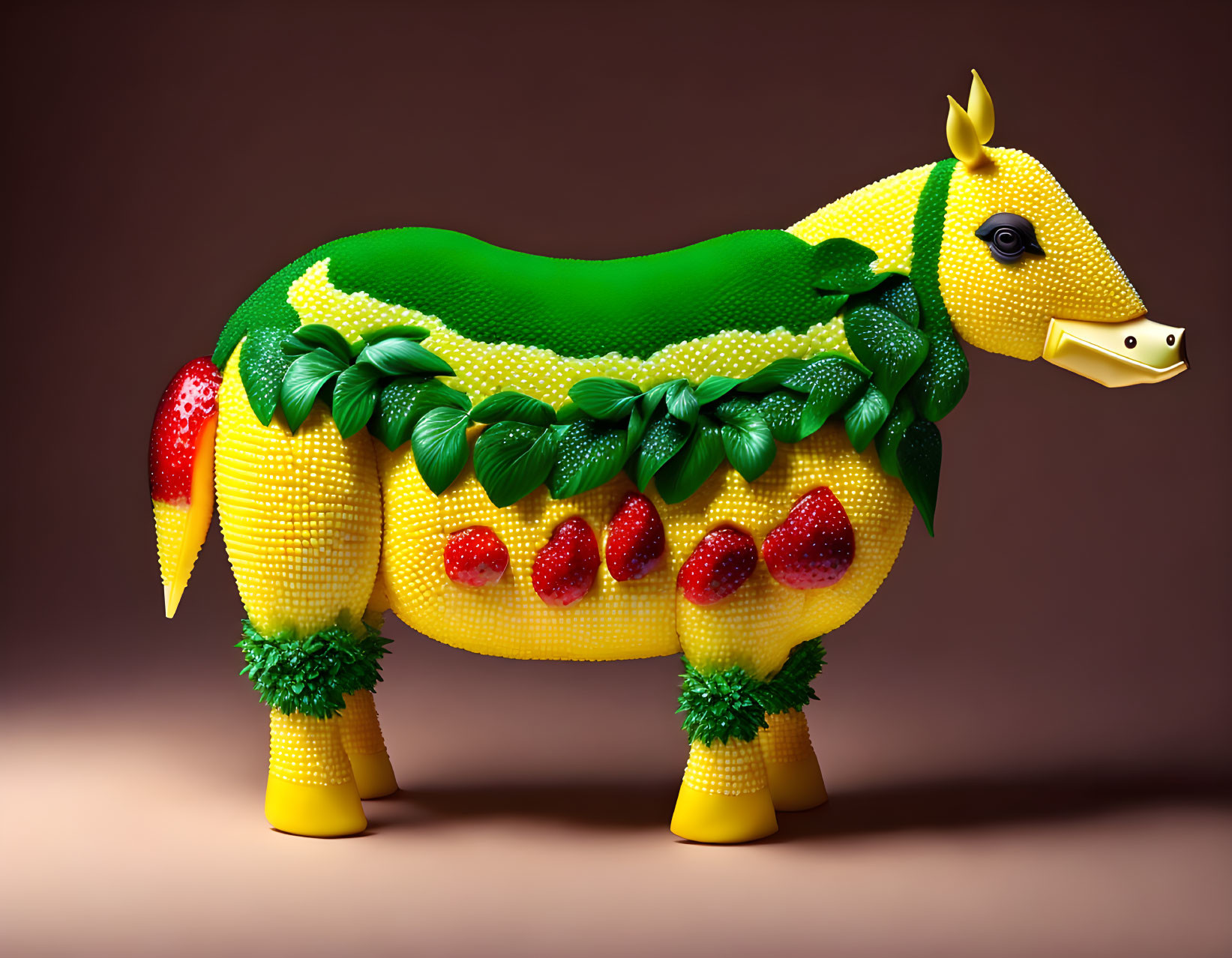 Colorful food-themed cow sculpture on brown background