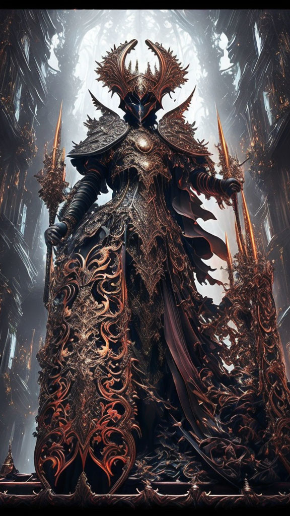 Elaborate armor-clad figure in gothic setting exudes power