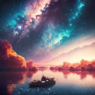 Person in boat on mirror-like lake under colorful starry sky