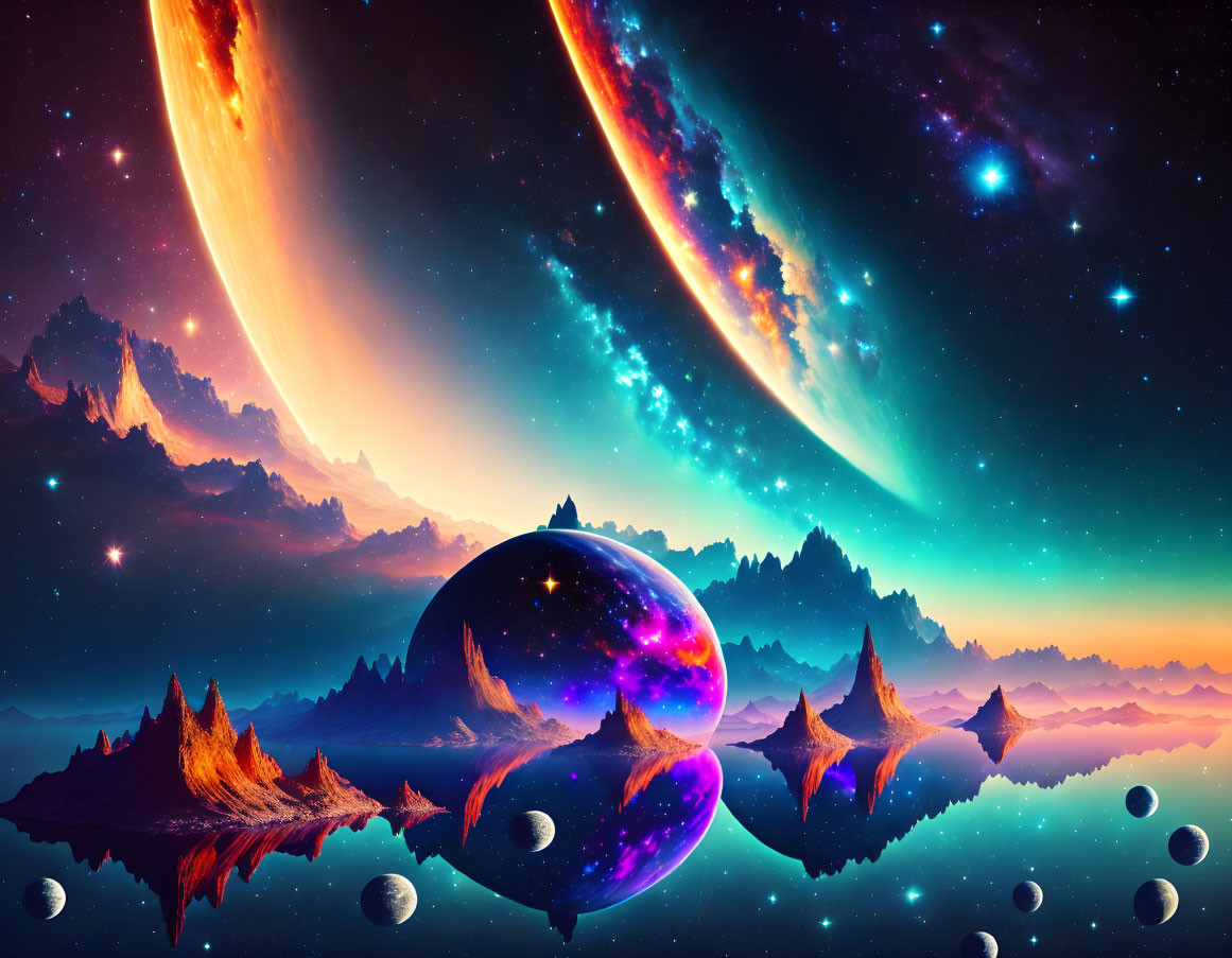 Colorful cosmic landscape with floating islands, planets, comets, and star-filled sky.