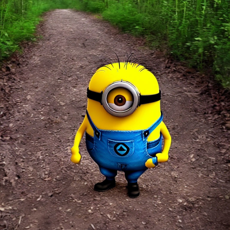 3D animated Minion character on dirt path with greenery, one eye, blue overalls