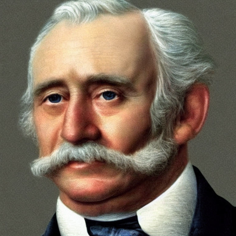 Elderly man with white hair and large mustache in a suit