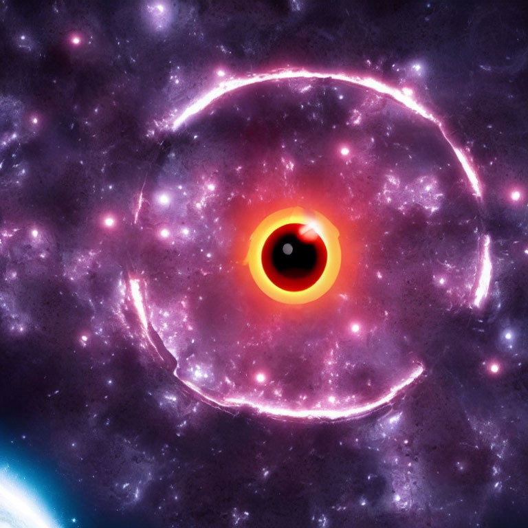 Colorful cosmic artwork: orange and black ring resembling a black hole, surrounded by purple and pink neb