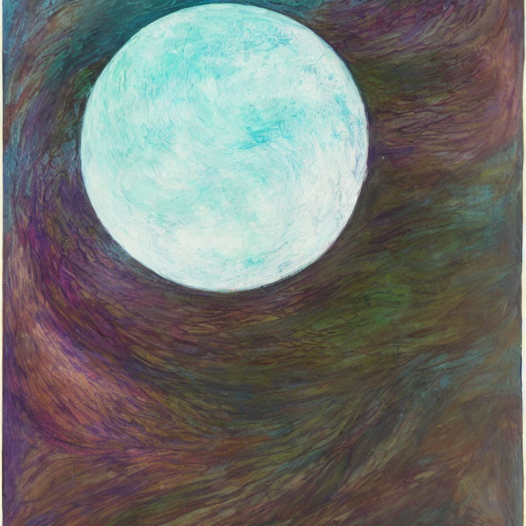 Pale Blue Moon Surrounded by Swirling Purple, Brown, and Green Strokes