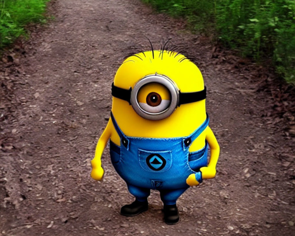 3D animated Minion character on dirt path with greenery, one eye, blue overalls