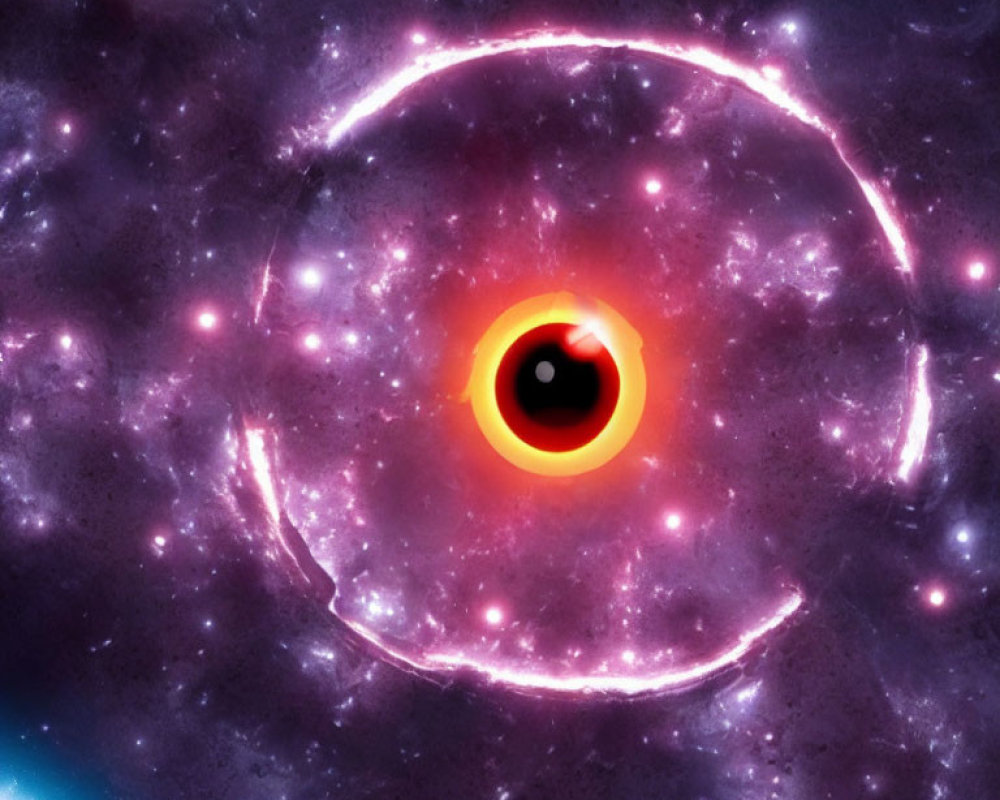 Colorful cosmic artwork: orange and black ring resembling a black hole, surrounded by purple and pink neb