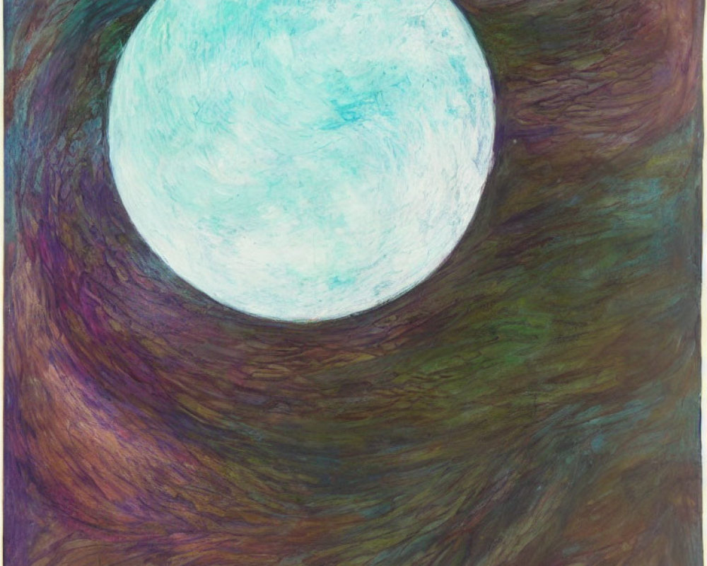 Pale Blue Moon Surrounded by Swirling Purple, Brown, and Green Strokes