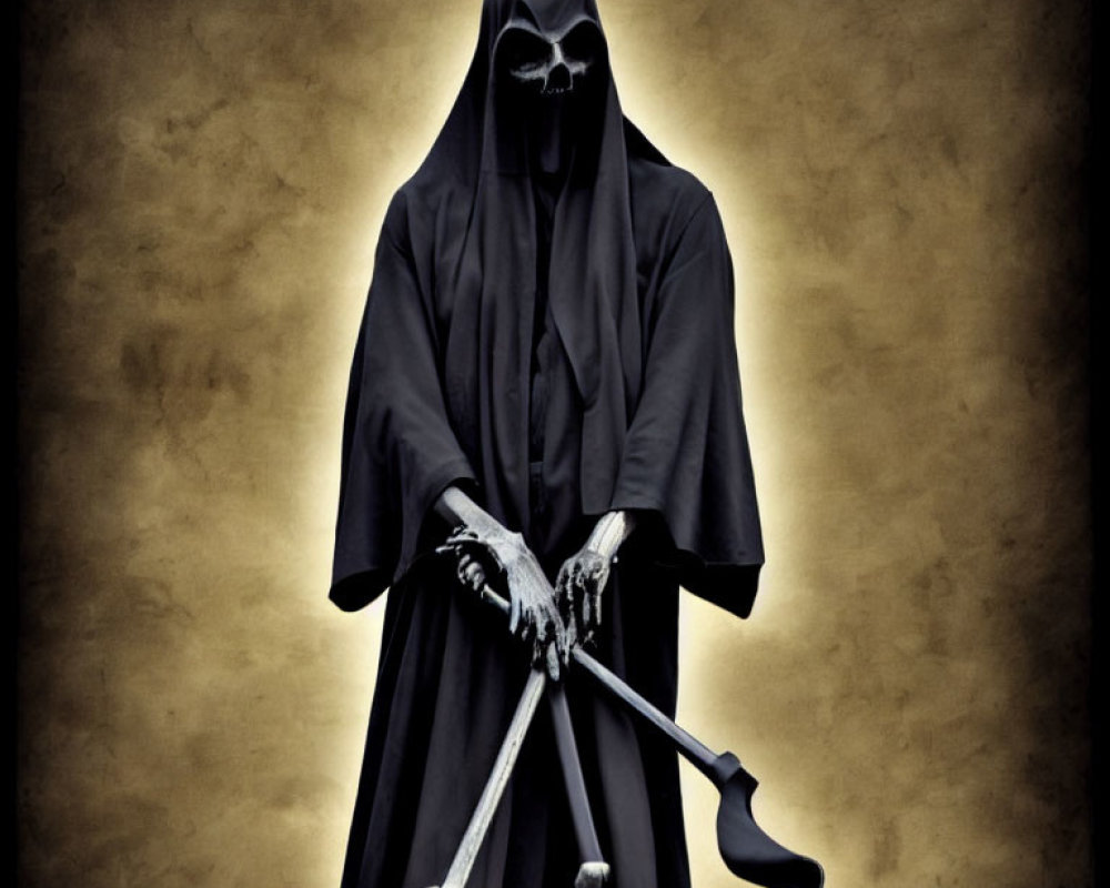 Dark cloaked figure with scythe on golden background