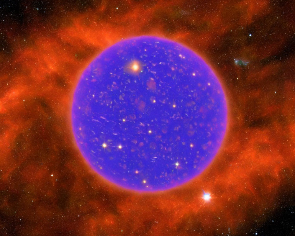 Blue star surrounded by red nebulous cloud in cosmic space