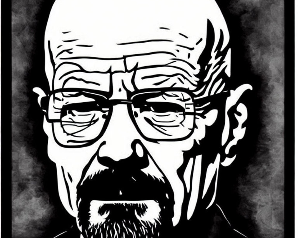 Monochrome illustration of stern bald man with glasses and goatee