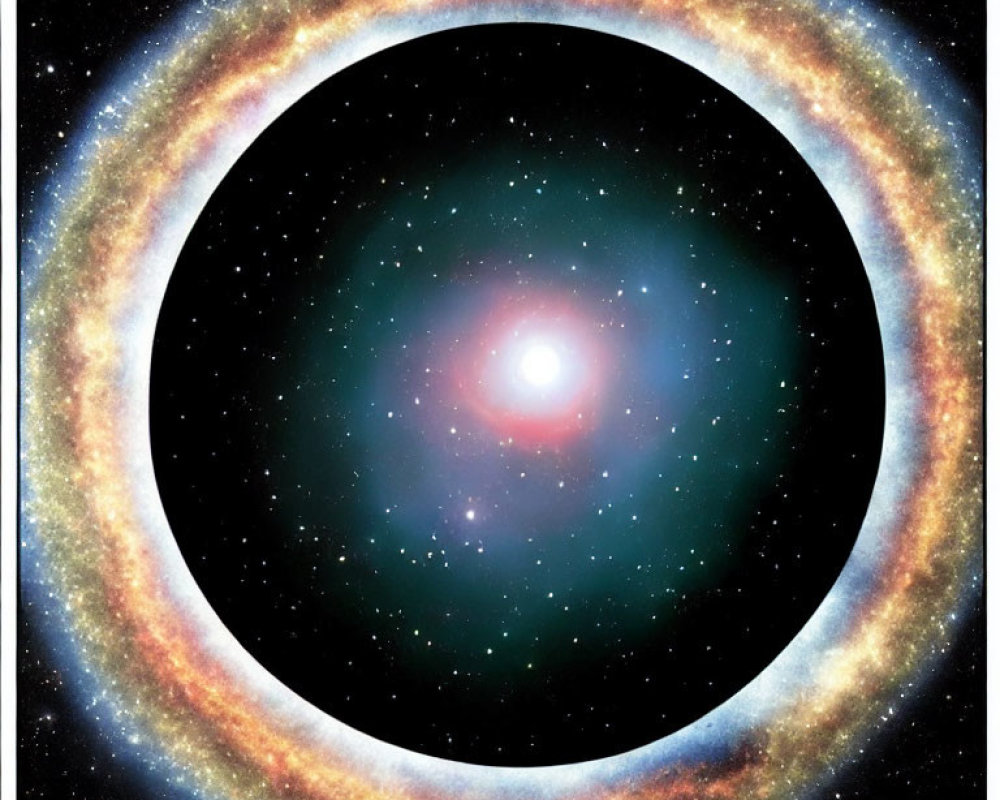 Bright central star surrounded by multicolored ring in cosmic scene