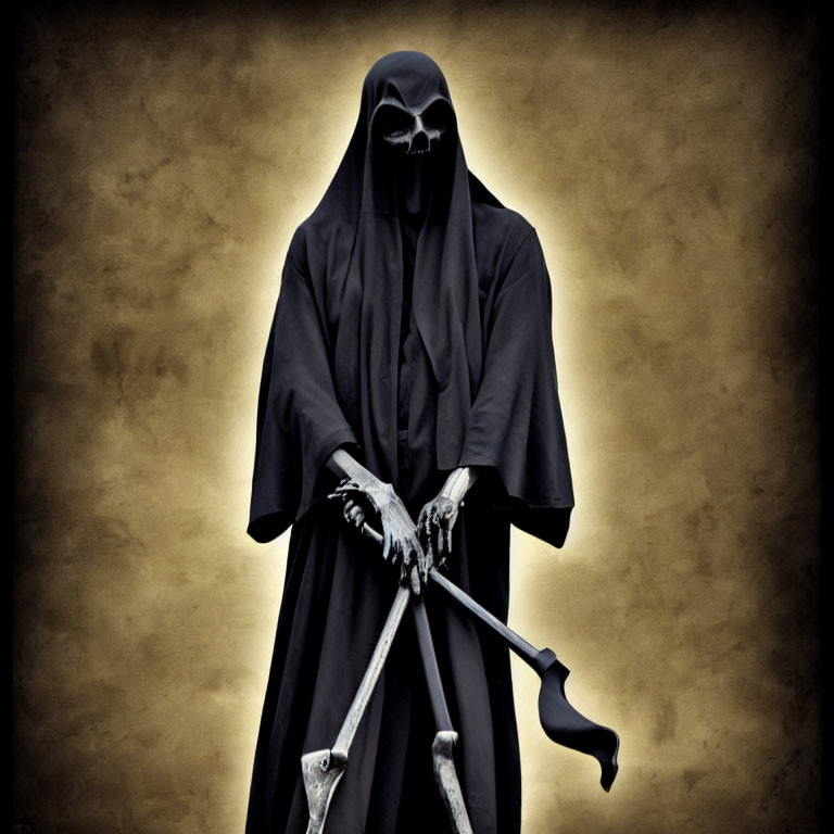 Dark cloaked figure with scythe on golden background