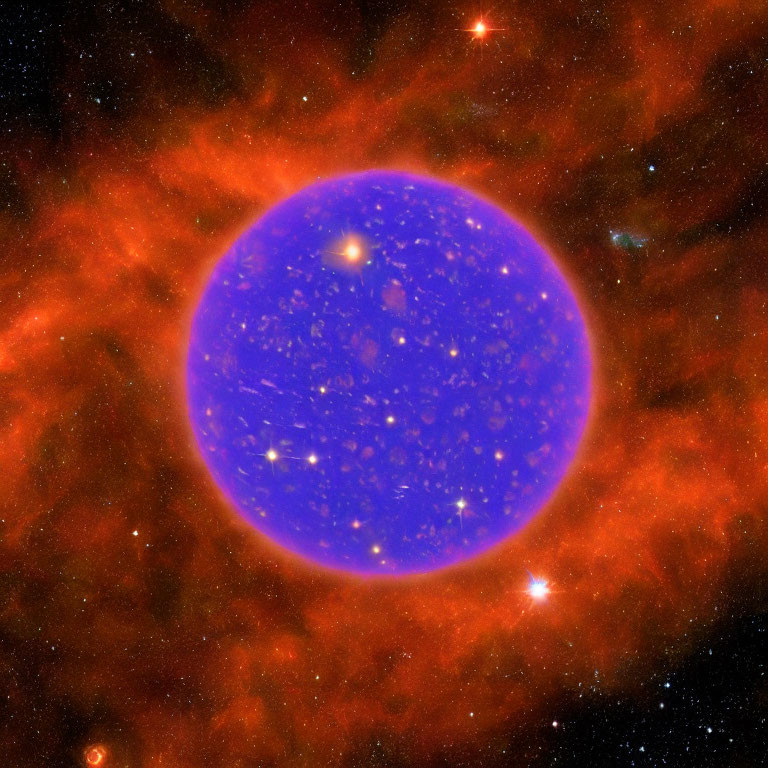 Blue star surrounded by red nebulous cloud in cosmic space