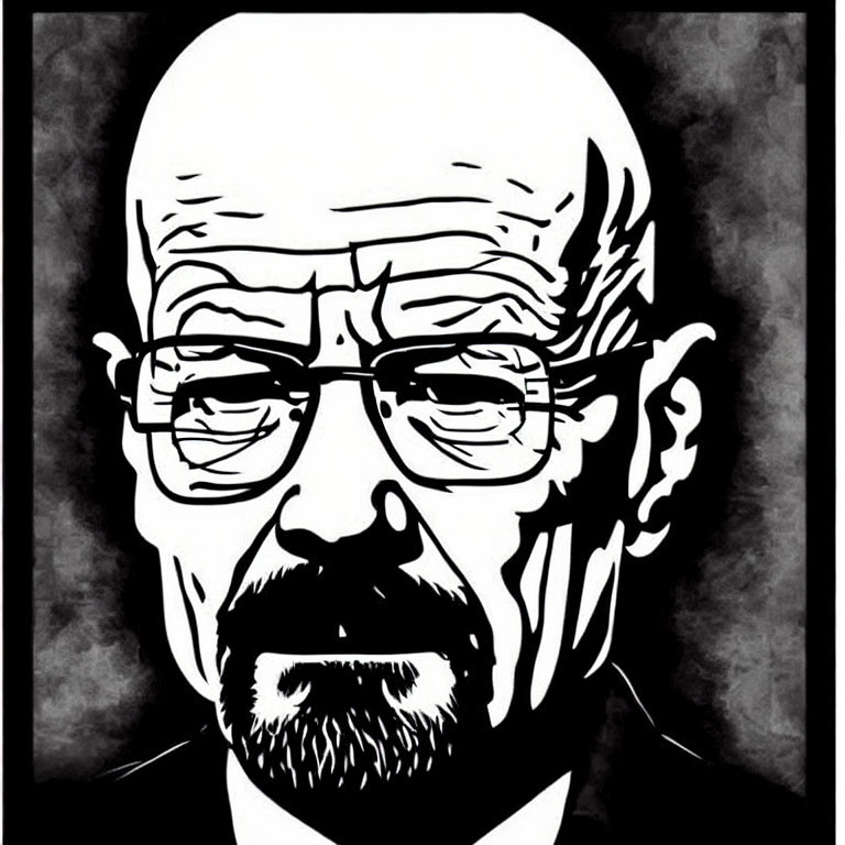 Monochrome illustration of stern bald man with glasses and goatee