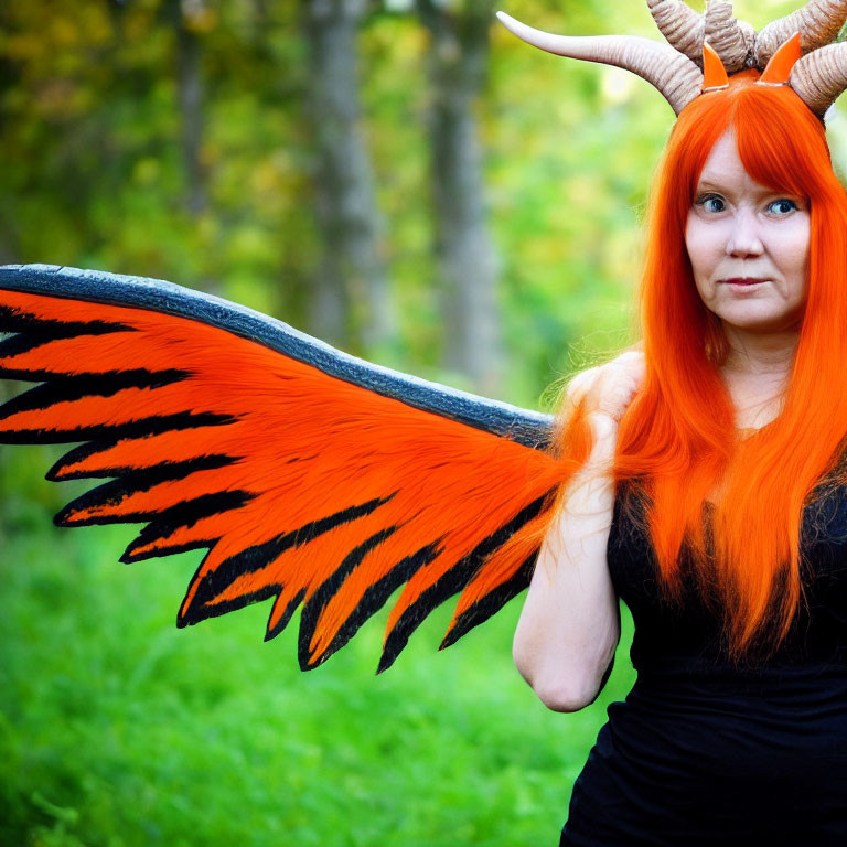 Orange-Haired Figure with Horns in Black Outfit and Wings in Forest