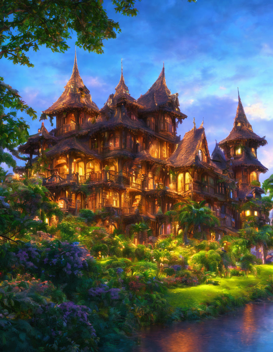 Multi-tiered wooden structure in lush flora by gentle river at dusk