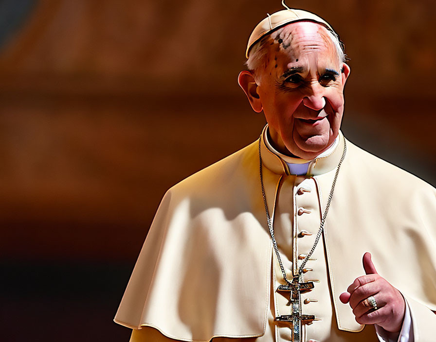 Smiling man in religious attire with white zucchetto and cross pendant under warm lighting