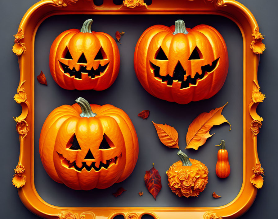 Carved Pumpkins with Spooky Faces and Autumn Decor on Dark Grey Background