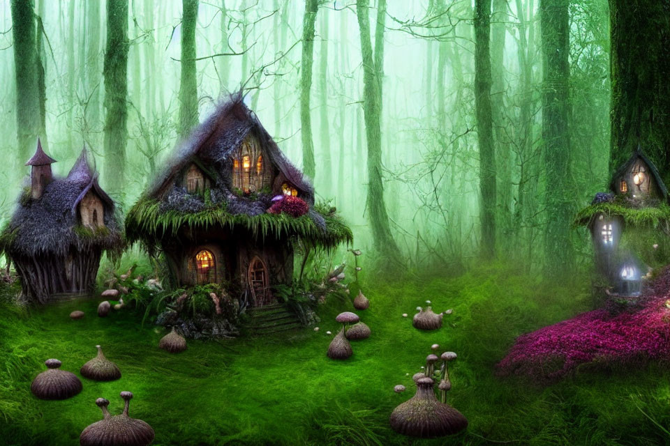 Whimsical thatch houses in fantasy forest with oversized mushrooms