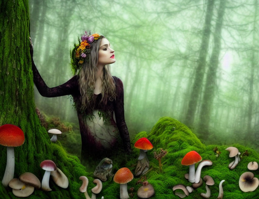 Woman in floral crown by misty forest tree and mushrooms