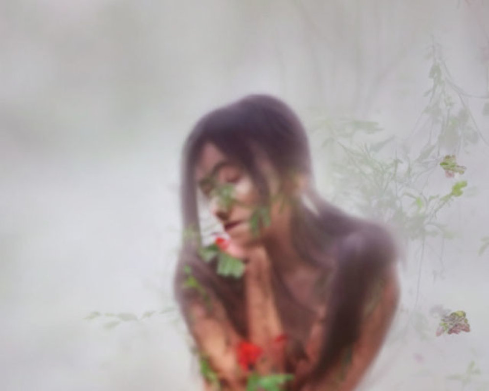 Person in Misty Setting with Blurred Foliage and Soft Light