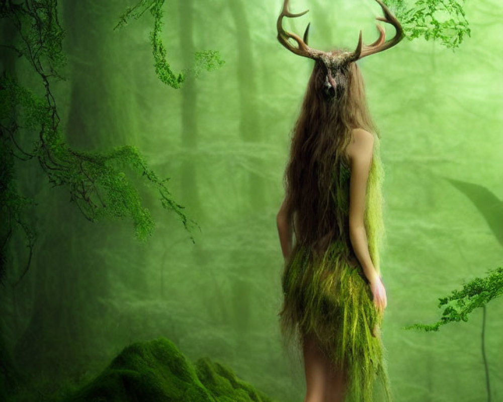 Mystical figure with deer antlers in enchanted forest setting