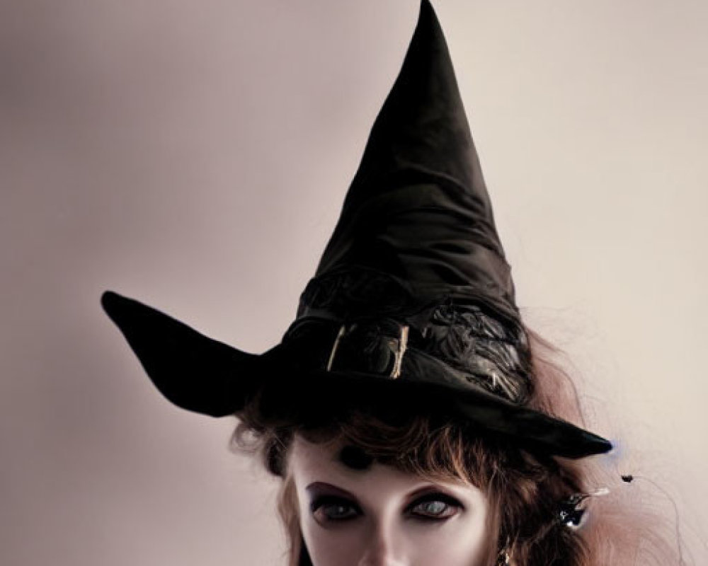 Pale-skinned person in witch's hat with dark lipstick on beige background