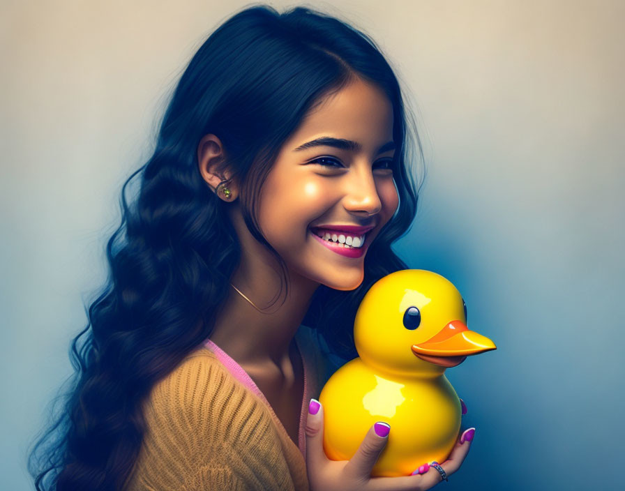 Smiling woman with wavy hair holding yellow rubber duck