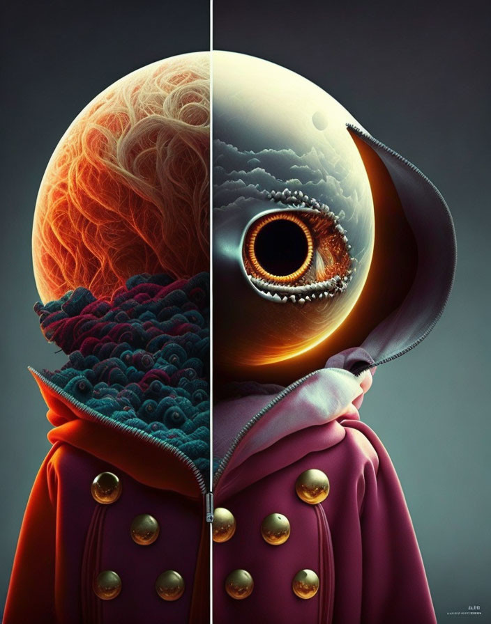 Surreal portrait: astronaut helmet merging with human eye, cosmic and earthly textures, warm and cool