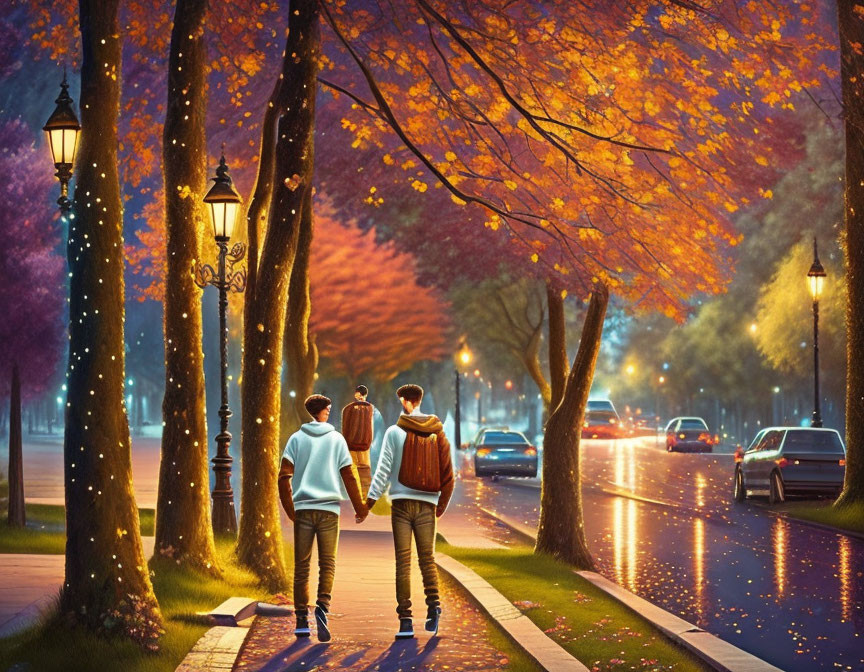 People walking on illuminated sidewalk with autumn trees and cars at dusk