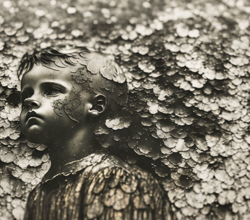 Sepia-Toned Statue of Child's Head with Scale-Like Texture