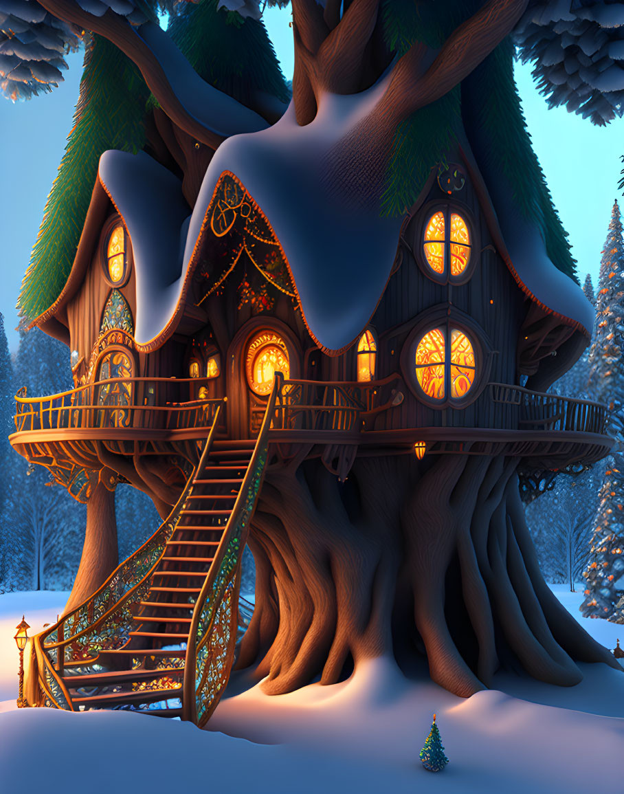 Snowy Treehouse Glowing in Dusk Woods