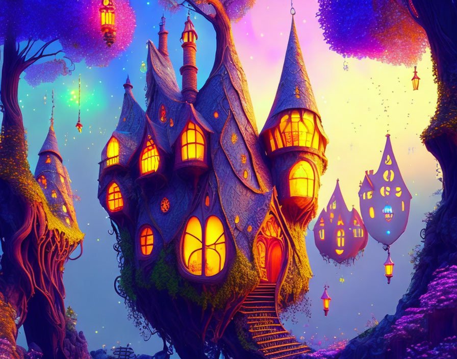 Fantasy treehouse illustration with glowing windows in vibrant twilight sky