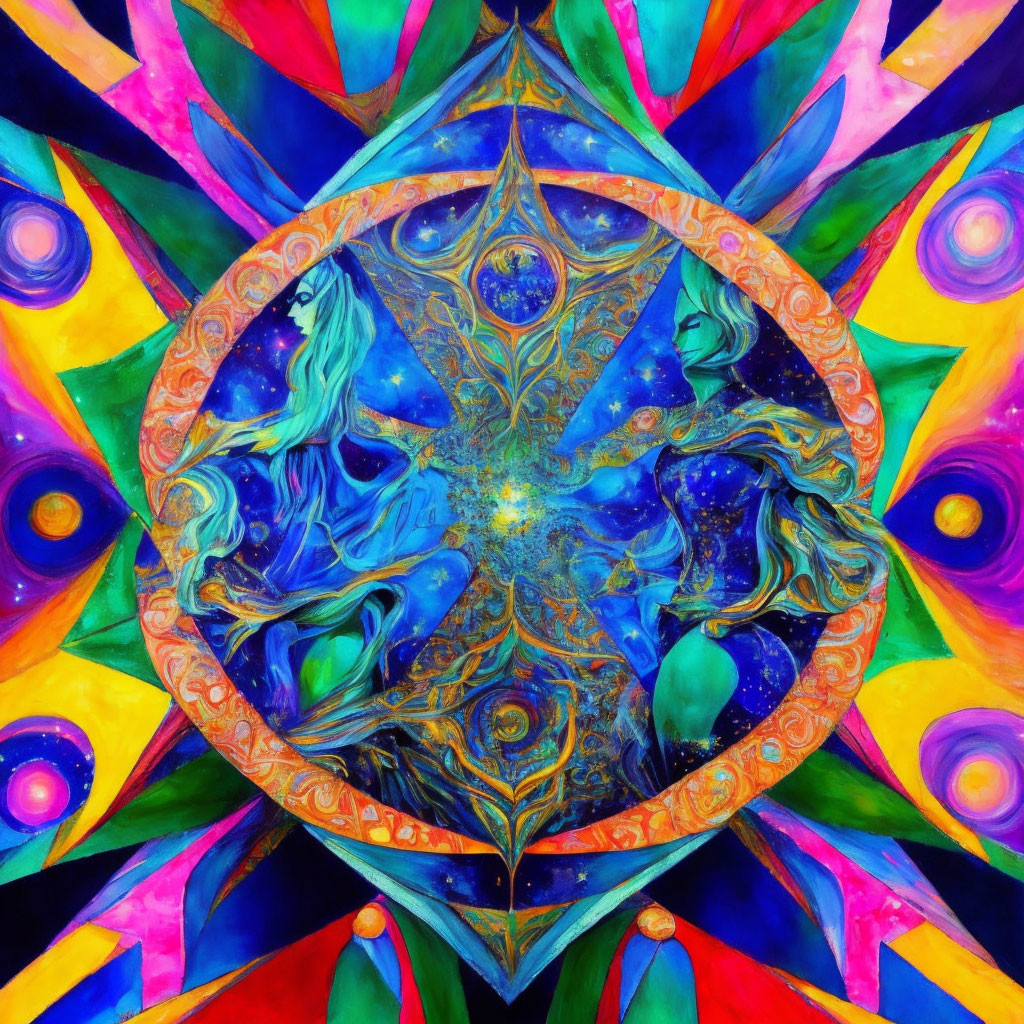 Colorful Psychedelic Artwork with Symmetrical Patterns and Human-like Figures