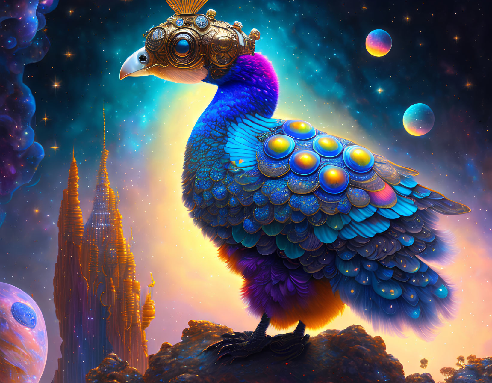 Steampunk-influenced peacock with mechanical elements in cosmic setting