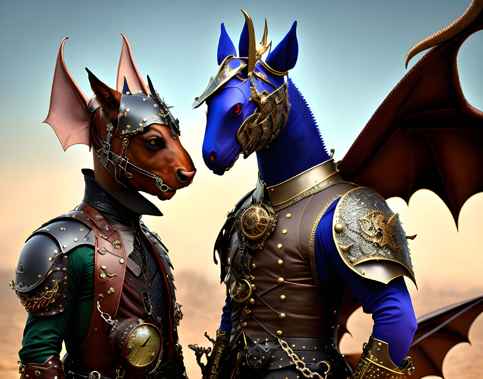 Regal armored dragons in blue and brown against dusky sky