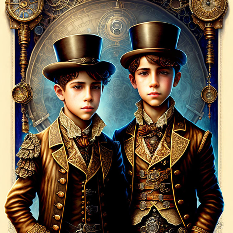 Victorian Era Boys in Steampunk Setting with Gears