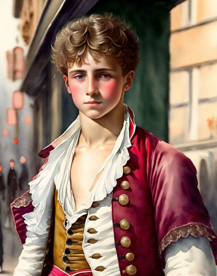 Young male in red jacket with gold buttons and white shirt gazes pensively.