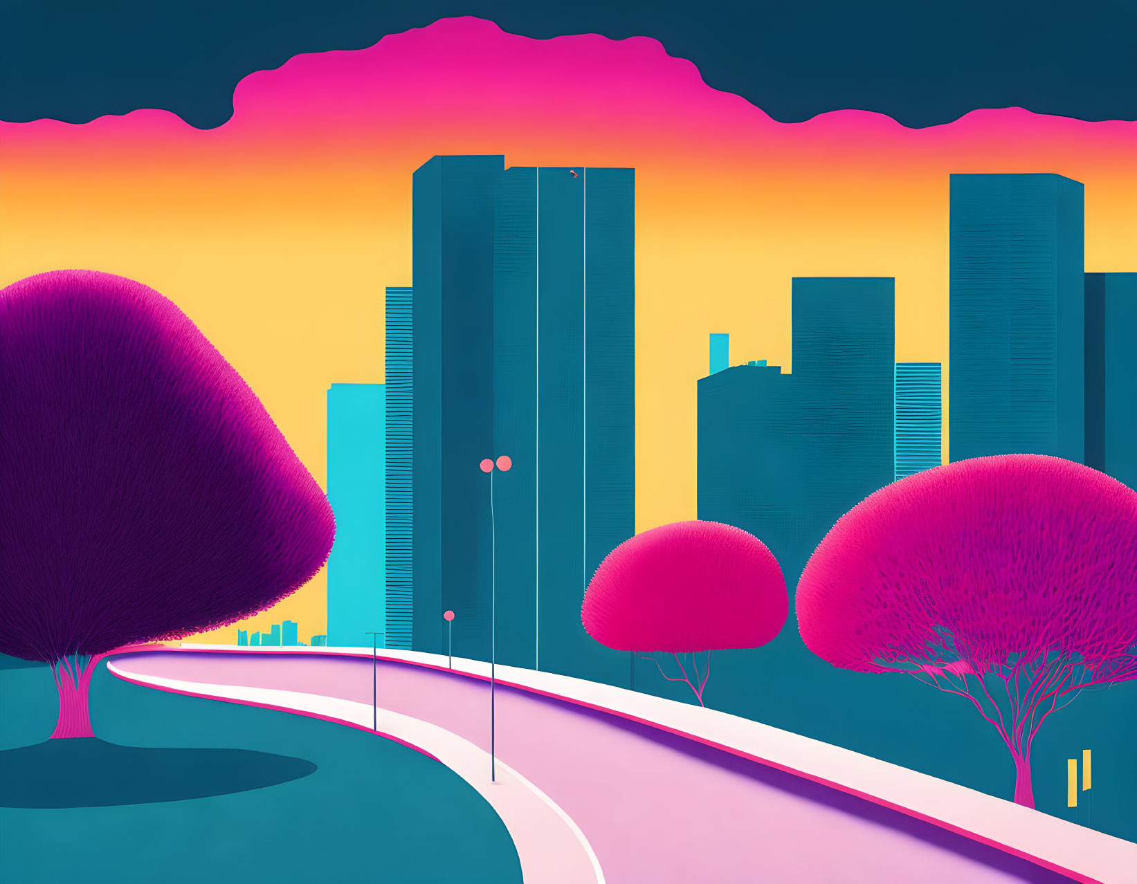 Colorful digital artwork: neon cityscape, magenta trees, winding road, sunset sky.