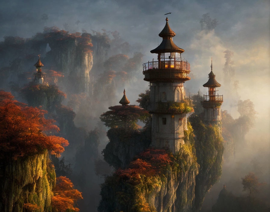 Ancient pagodas on misty cliffs with autumn foliage and soft light