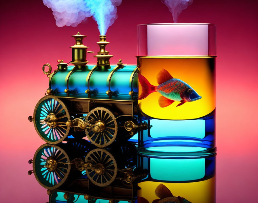 Whimsical steampunk train and rainbow fish in cylindrical aquarium