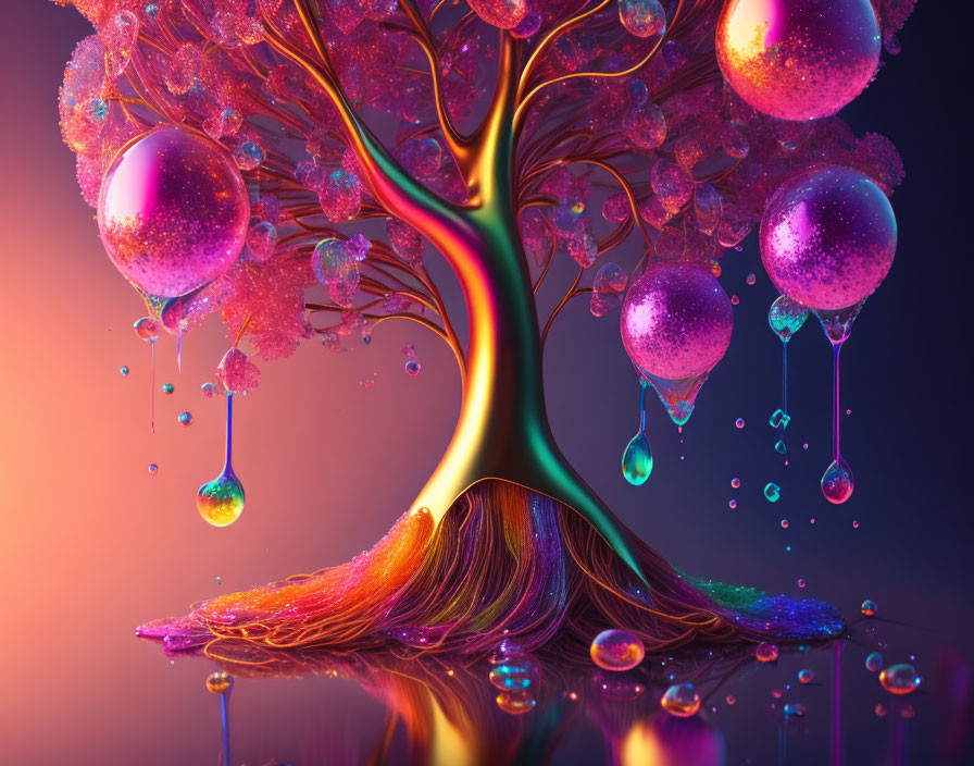 Colorful Liquid-Filled Orbs Hanging from Whimsical Tree