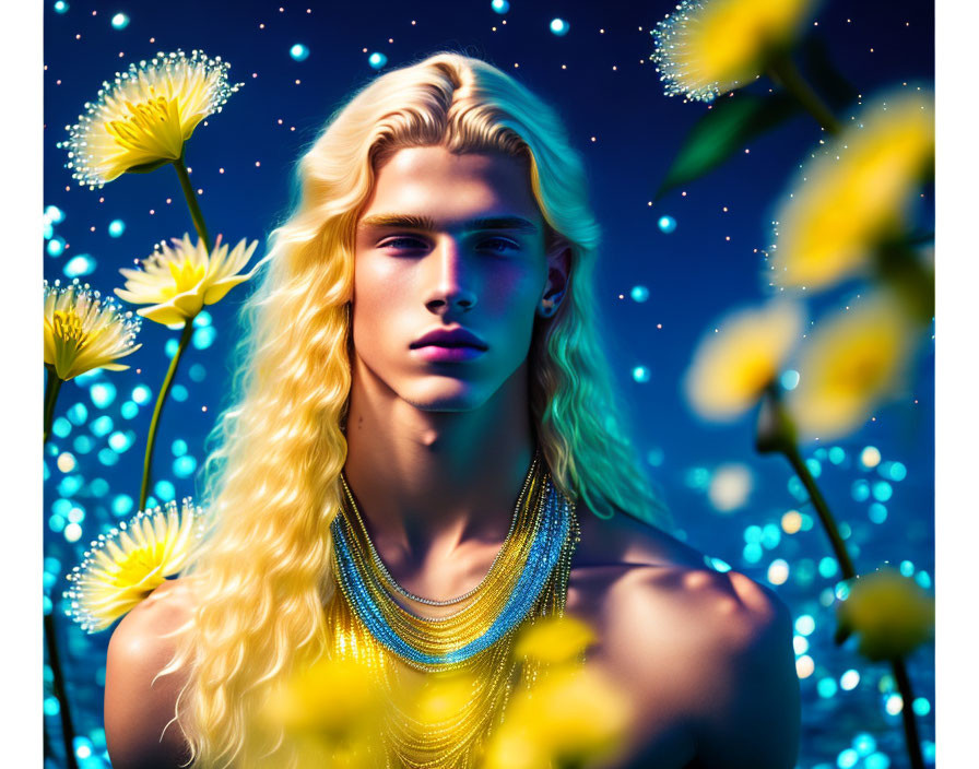 Digital artwork of person with long blonde hair and necklaces amidst yellow flowers on blue backdrop.