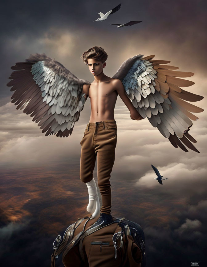 Shirtless male figure with large wings standing on luggage above clouds